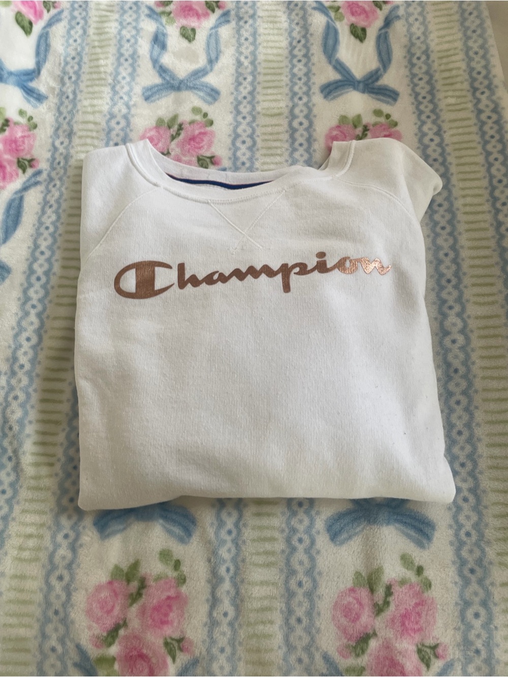 Champion White Sweatshirt with Blue and Red Neck Trim